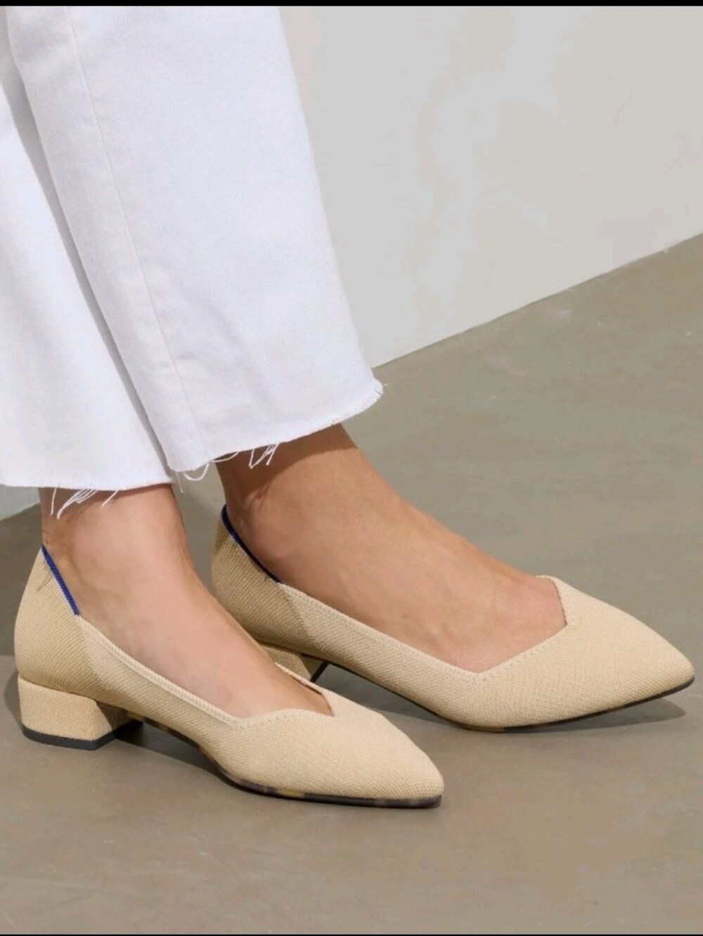 Rothy's Beige Pointed V-Cut Low Heel Flats with Blue Trim